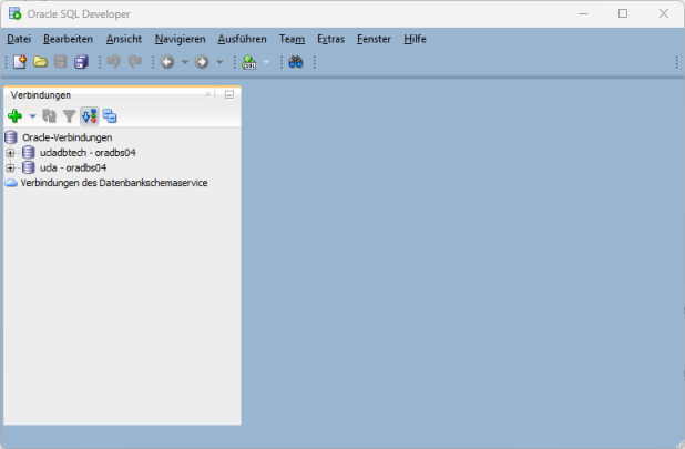 
Zeigt den Bildschirm nach Start des sqldeveloper.
Links das Verbindungsfenster und rechts den Inhaltsteil.
