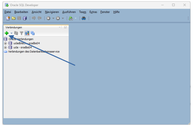 
Zeigt den Bildschirm nach Start des sqldeveloper.
Links das Verbindungsfenster und rechts den Inhaltsteil.
Zusätzlich ist ein Pfeil eigezeichnet, der auf das grüne
Plussymbol im Verbindungsfenster zeigt. Beim Klicken auf dieses Symbol
erscheint ein Dialog zum Anlegen einer Verbindung.
