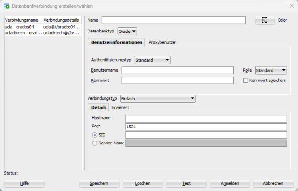 
Zeigt den Dialog zum Anlegen einer Verbindung. Eingabefelder sind
Name, Benutzername, Kennwort, Hostname und SID.
